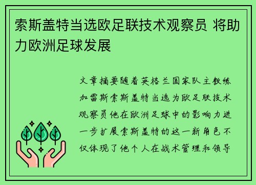 索斯盖特当选欧足联技术观察员 将助力欧洲足球发展