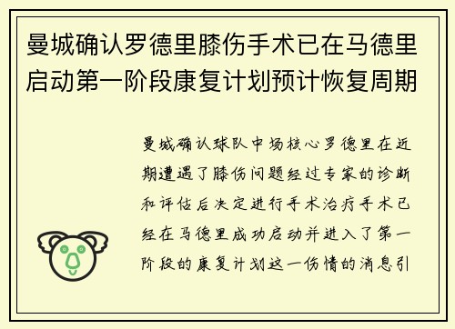 曼城确认罗德里膝伤手术已在马德里启动第一阶段康复计划预计恢复周期受关注